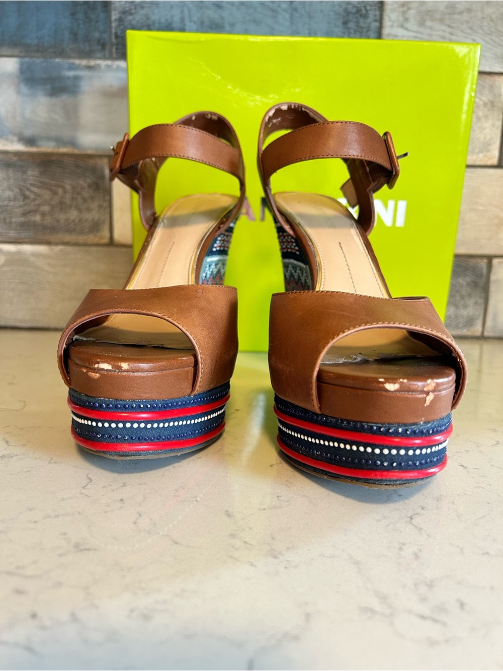 Gianni Bini Tama Hampton Tan Leather Platform Wedge Sandals - Picture 9 of 15